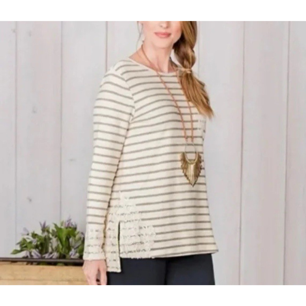 Matilda Jane Top Classic with a Twist Cream Striped Crochet Tunic Size XS New